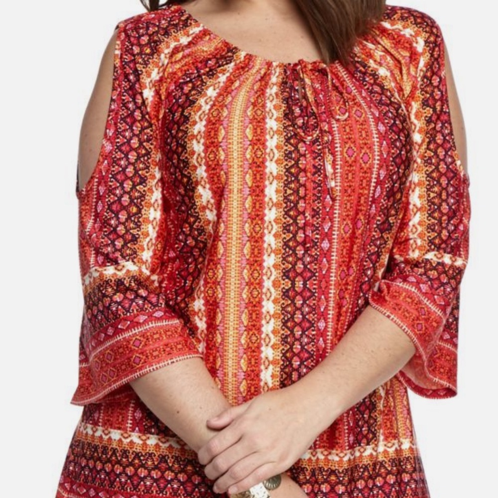 New Directions Women's Plus Size 1X Bell Sleeve Cold Shoulder Peasant Top Orange